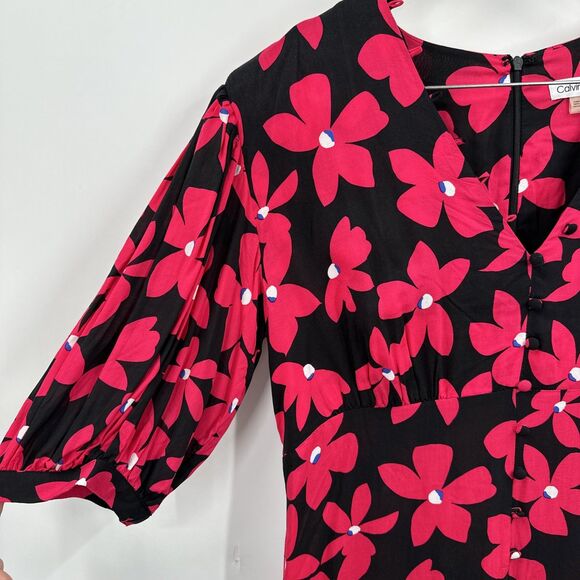 Calvin Klein Dress 12 Black Pink Floral Short Puff Sleeve Ruffle Party Wedding - Picture 4 of 11